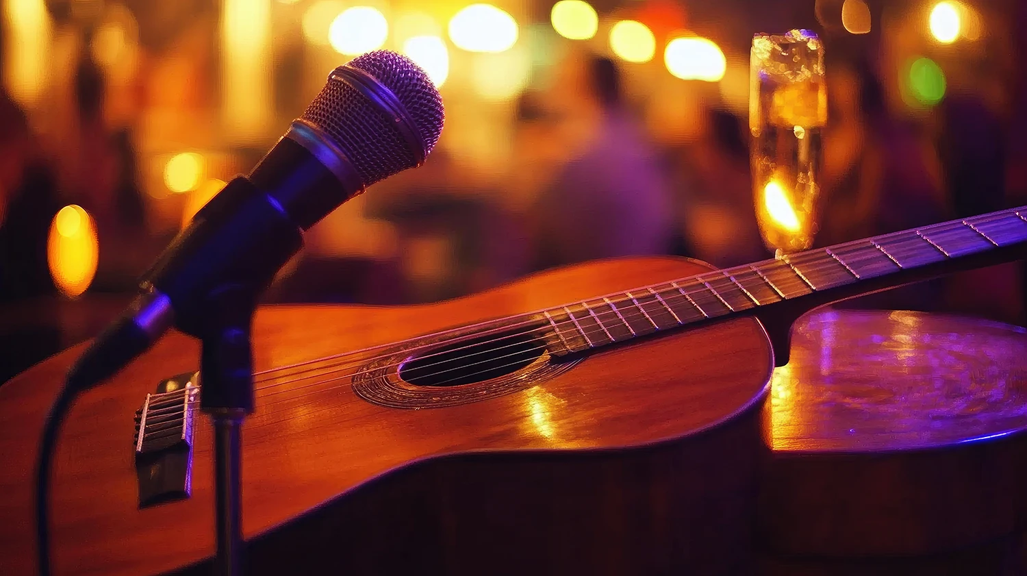 Live Music Performance Setup at a Sarasota Bar Microphone and guitar on stage at a live music bar in Sarasota