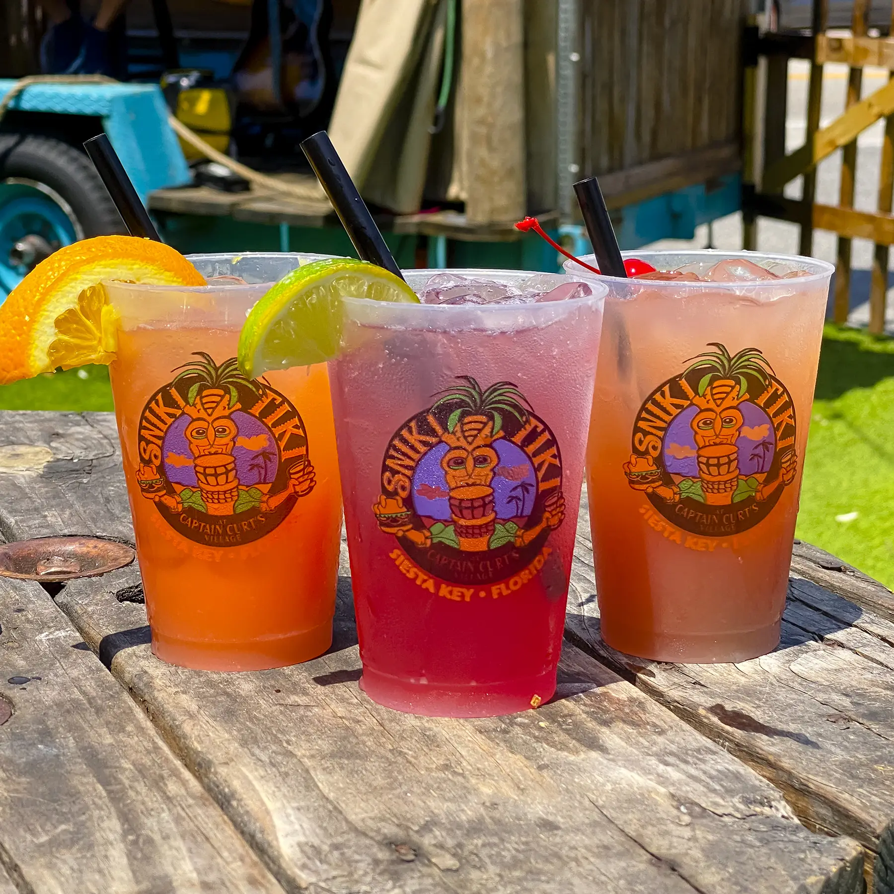 World Famous Daiquiris at Captain Curt’s Siesta Key Signature frozen daiquiris and margaritas at Sniki Tiki Bar in Siesta Key